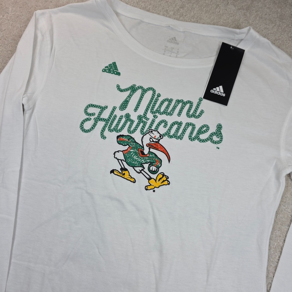 Adidas T-Shirt Womens S White Miami Hurricanes NCAA Graphic Long Sleeve NWT